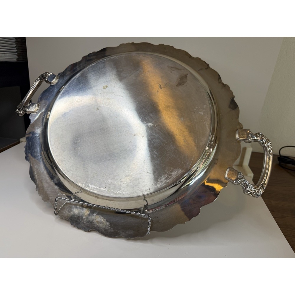 Vintage XL Silver Plate Serving Platter Tray Rose Designs Engraved 15x20 Big - Picture 6 of 7